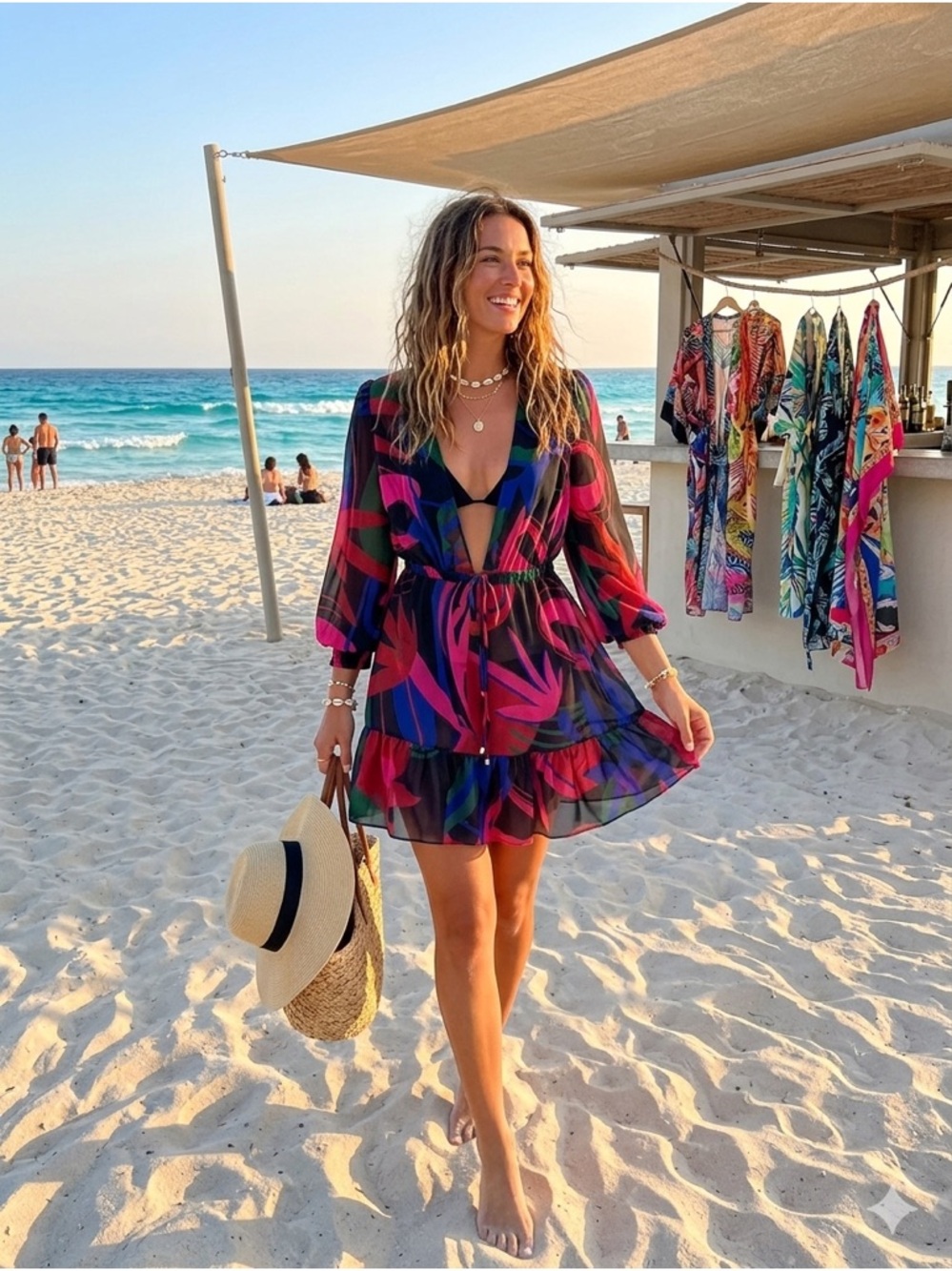 PatBO Rio Coverup Dress Long Sleeve Multicolor Black.  Size S.